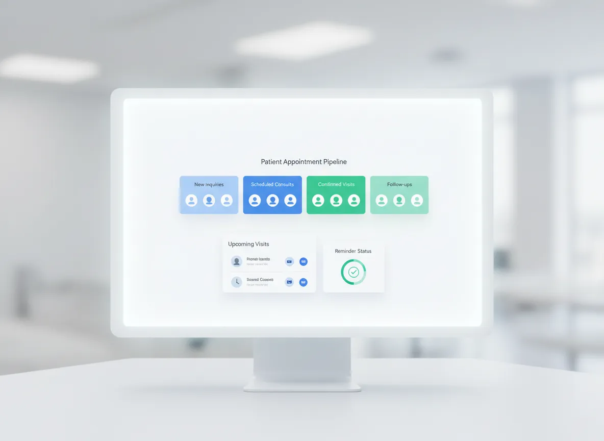 Dental CRM dashboard mockup with automated reminders and patient pipeline.